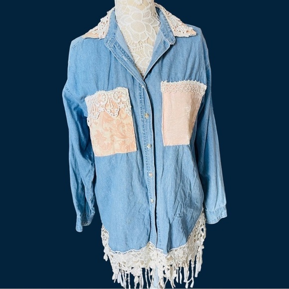Great Aunt Nina Tops - Vintage Great Aunt Nina unique lace and denim shirt.